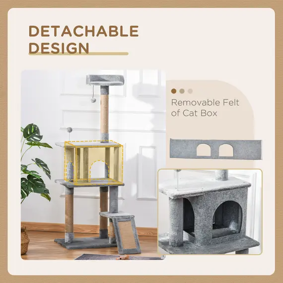 Buy Cat Tree Tower for Indoor Cats 142cm Climbing Kitten Activity Center with Jute Scratching Post  Board Perch Roomy Condo Removable Felt Hanging Toy, Grey, 7 image