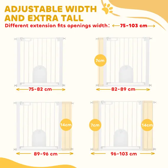 Buy Dog Gate with Cat Flap Pet Safety Gate Barrier, Stair Pressure Fit, Auto Close, Double Locking, for Doorways, Hallways, 75-103 cm White, 7 image