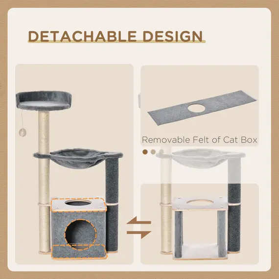 Buy Cat Tree for Indoor Cats 95cm Climbing Tower Kitten Activity Center with Sisal Scratching Post Perch Roomy Condo Hammock Removable Felt Hanging Toy, Grey, 6 image