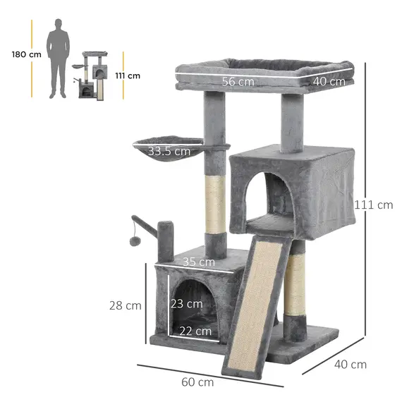 Buy Cat Tree Tower for Indoor Cats, 111cm Kitten Activity Centre with Scratching Post Pad Hammock Condo Bed Ball Toy, Grey, 3 image