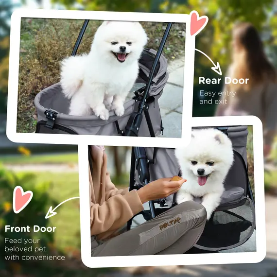 Buy Dog Pram Dog Stroller Foldable Pet Pushchair with 4 Wheels, Safety Leashes, Cup Holder for Small Dogs, Grey, 7 image