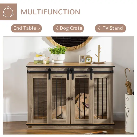 Buy Dog Crate Furniture for Large Dogs, Double Dog Cage for Small Dogs, with Sliding Doors - Oak Tone, 4 image