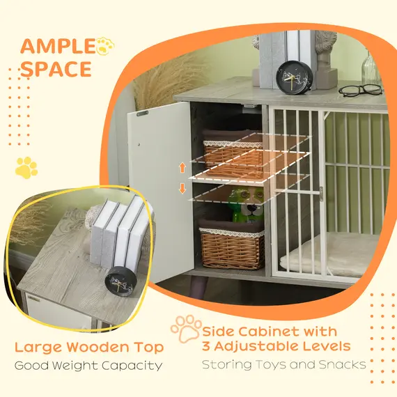 Buy Dog Crate Furniture, Indoor Pet Kennel Cage, Top End Table w/ Soft Cushion, Lockable Door, for Small Dogs, 98 x 48 x 70.5 cm - Grey, 5 image