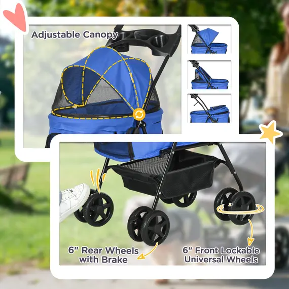 Buy Dog Pram Dog Stroller Foldable Pet Pushchair with 4 Wheels, Safety Leashes, Cup Holder for Small Dogs, Blue, 6 image