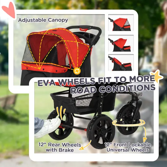 Buy Dog Pram Dog Stroller Pet Stroller, 3 Wheels Dog Pushchair with Brake, for Small Miniature Dogs, Cats, Red, 7 image