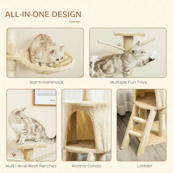 Buy Cat Tree for Indoor Cats 135cm Kitten Tower Scratching Post Kitty Scratcher Climbing Tower with Ladder, Beige, 7 image