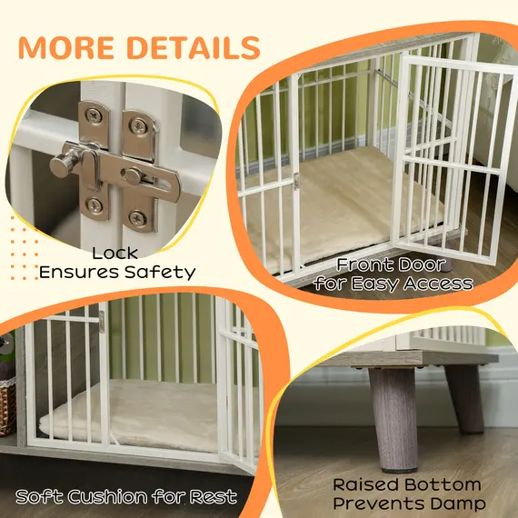 Buy Dog Crate Furniture, Indoor Pet Kennel Cage, Top End Table w/ Soft Cushion, Lockable Door, for Small Dogs, 98 x 48 x 70.5 cm - Grey, 6 image