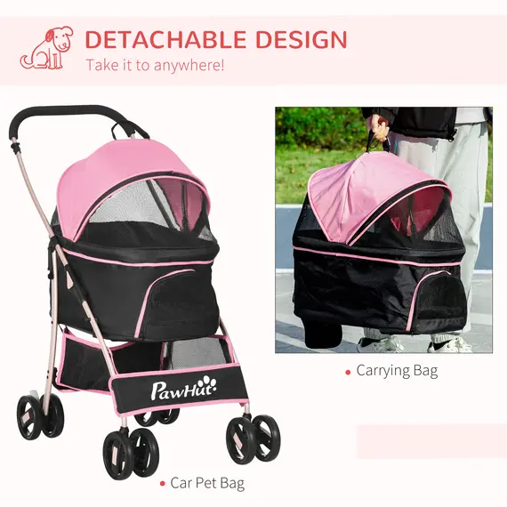 Buy Detachable Pet Stroller with Rain Cover, 3 In 1 Cat Dog Pushchair, Foldable Carrying Bag w/ Universal Wheels, Brake, Canopy, Basket, Storage Bag for Small and Tiny Dogs - Pink, 5 image