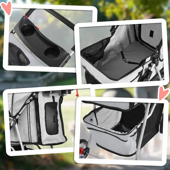Buy Dog Stroller, 3 Wheels Foldable Cat Dog Pram with Cup Holder, Storage Basket, Pet Stroller for Small Miniature Dogs, Grey, 8 image