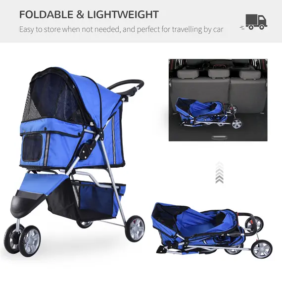 Buy Dog Stroller with Cover for Small Miniature Dogs, Folding Cat Pram Dog Pushchair with Cup Holder, Storage Basket, Reflective Strips, Blue, 5 image