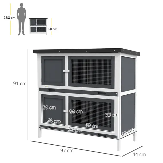 Buy Double Decker Rabbit Hutch 2 Tier Guinea Pig House Pet Cage Outdoor with Sliding-out Tray, 100 x 47 x 91cm, Grey, 3 image