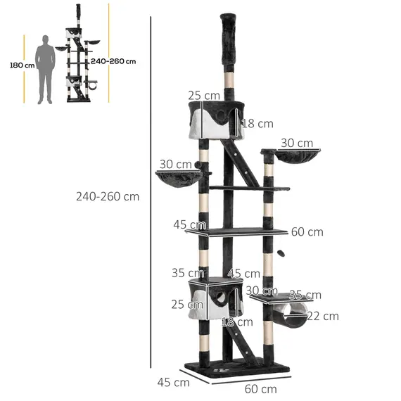 Buy Floor-to-Ceiling Cat Tree for Indoor Cats, 240-260cm Adjustable Cat Tree - White, 3 image