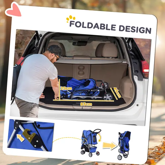 Buy Dog Stroller, 3 Wheels Foldable Cat Dog Pram with Cup Holder, Storage Basket, Pet Stroller for Small Miniature Dogs, Blue, 5 image