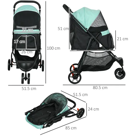 Buy Foldable Pet Stroller w/ Rain Cover, for XS Dogs, S Dogs - Green, 3 image