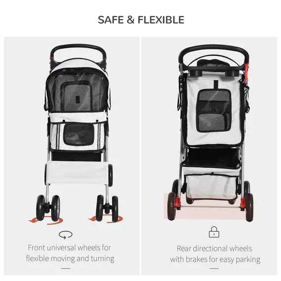 Buy Dog Stroller with Rain Cover for Small Miniature Dogs, Folding Pet Pram with Cup Holder, Storage Basket, Reflective Strips, Grey, 5 image