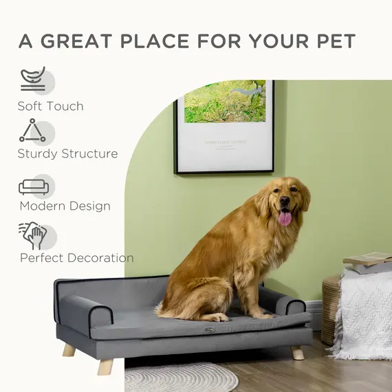 Buy Dog Sofa, with Wooden Legs, Water-Resistant Fabric, for Medium & Large Dogs - Grey, 7 image