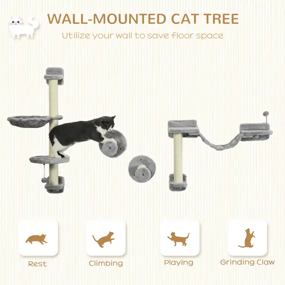 Buy Four-Piece Cat Wall Furniture with Hammock, Perches, Ladder, Scratching Post, Grey, 4 image