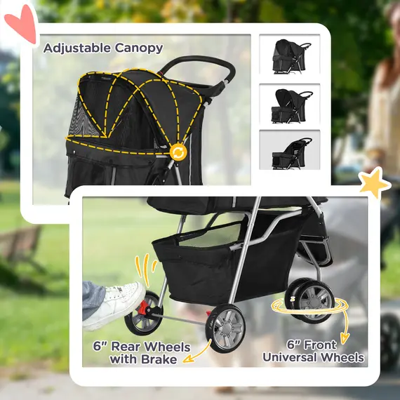 Buy Dog Stroller, 3 Wheels Foldable Cat Dog Pram with Cup Holder, Storage Basket, Pet Stroller for Small Miniature Dogs, Black, 6 image
