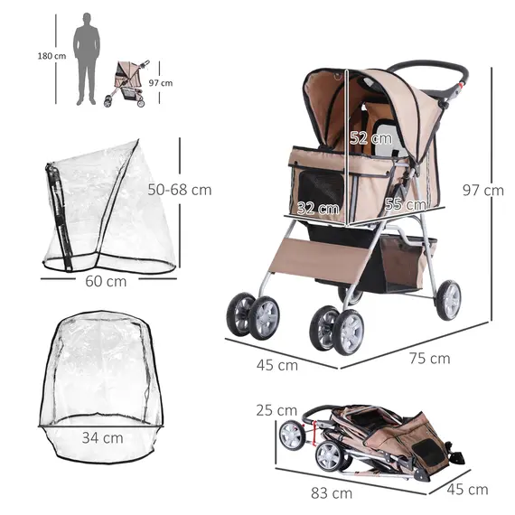 Buy Dog Stroller with Rain Cover for Small Miniature Dogs, Folding Pet Pram with Cup Holder, Storage Basket, Reflective Strips, Brown, 3 image