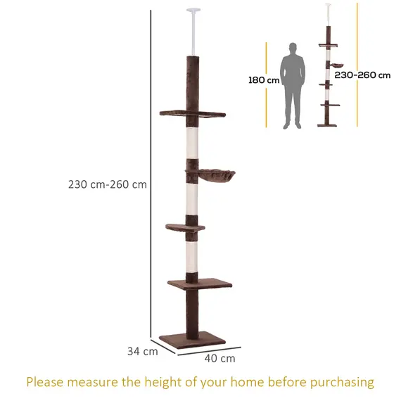 Buy Floor to Ceiling Cat Tree for Indoor Cats 5-Tier Kitty Tower Climbing Activity Center Scratching Post Adjustable Height 230-260 cm Brown, 3 image