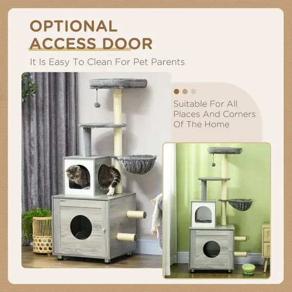 Buy Enclosed Cat Litter Box with Cat House, Cat Bed, Scratching Posts, Platforms, for Indoor Cats - Grey, 6 image