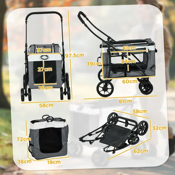 Buy Foldable Dog Stroller, Pet Travel Crate, with Detachable Carrier, Soft Padding, for Mini, Small Dogs - Grey, 3 image