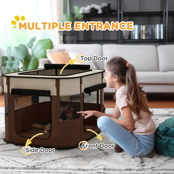 Buy Foldable Dog Pen with Storage Bag for Indoor/Outdoor Use, Portable Pet playpen, with Ground Stakes - Brown, 5 image