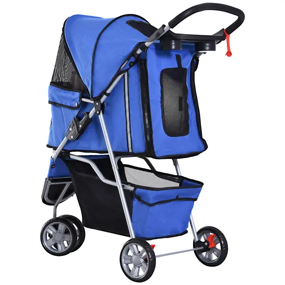 Buy Dog Stroller, 3 Wheels Foldable Cat Dog Pram with Cup Holder, Storage Basket, Pet Stroller for Small Miniature Dogs, Blue, 9 image