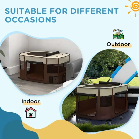 Buy Foldable Dog Pen with Storage Bag for Indoor/Outdoor Use, Portable Pet playpen, with Ground Stakes - Brown, 7 image