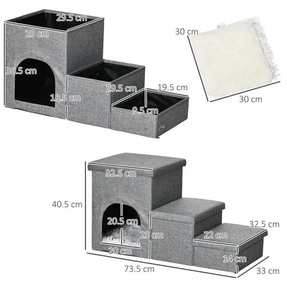 Buy Dog Steps 3-step Pet Stairs with Kitten House and 2 Storage Boxes, 3 in 1 Dog Ramp for Sofa with Washable Plush Cushion, 3 image