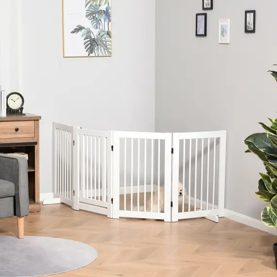 Buy Freestanding Pet Gate 4 Panels Wooden Dog Safety Fence Foldable with Support Feet for Doorway Stairs 91cm Tall White, 2 image