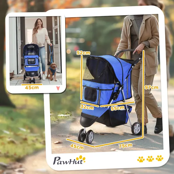 Buy Dog Stroller, 3 Wheels Foldable Cat Dog Pram with Cup Holder, Storage Basket, Pet Stroller for Small Miniature Dogs, Blue, 3 image