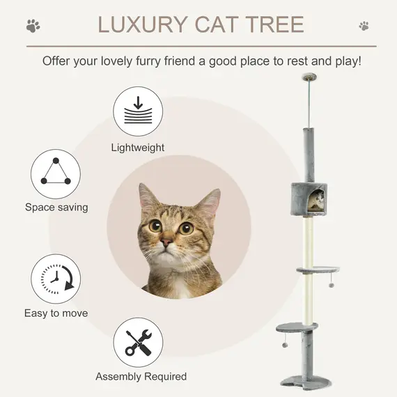 Buy Floor to Ceiling Cat Tree for Indoor Cats, Kitten Tower, Condo, Multi-Layer Activity Center, Indoor Pet Play House with Solid Scratching Post Hanging Balls, Light Grey, 4 image