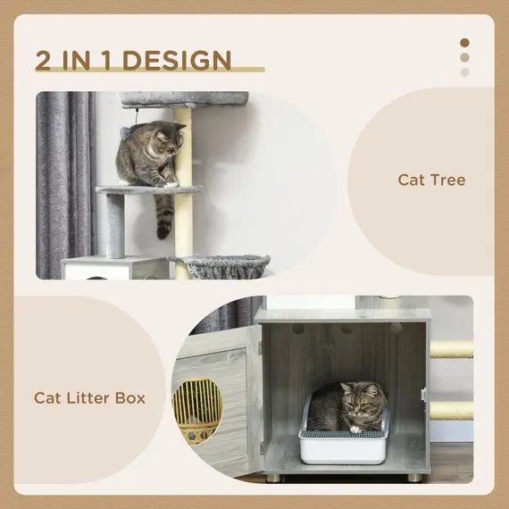 Buy Enclosed Cat Litter Box with Cat House, Cat Bed, Scratching Posts, Platforms, for Indoor Cats - Grey, 4 image