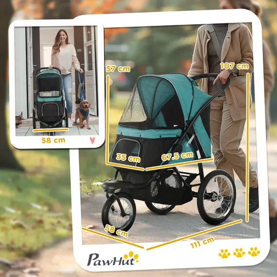 Buy Foldable Pet Stroller Jogger, with Three Wheels, Canopy, for Medium and Small Dogs, Green, 3 image