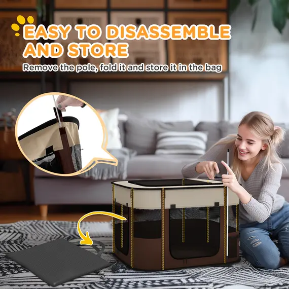 Buy Foldable Dog Pen with Storage Bag for Indoor/Outdoor Use, Portable Pet playpen, with Ground Stakes - Brown, 6 image