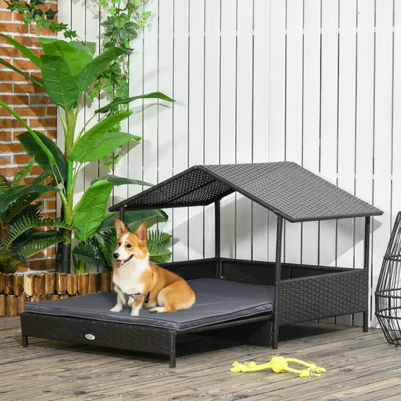 Buy Extendable Elevated Dog Bed, Rattan Dog House w/ Water-Resistant Roof, Removable Cushion - Grey, 2 image