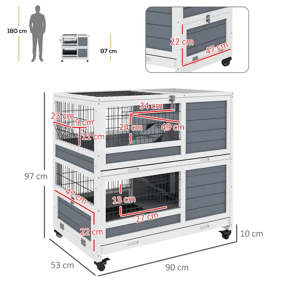 Buy Double Deckers Guinea Pig Cage, Indoor Rabbit Hutch with Feeding Trough, Trays, Ramps, Openable Top - Grey, 3 image