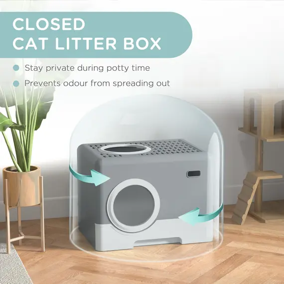 Buy Enclosed Cat Litter Box, with Lid, Front Entry, Top Exit, Pull-Out Tray, Scoop - Grey, 7 image