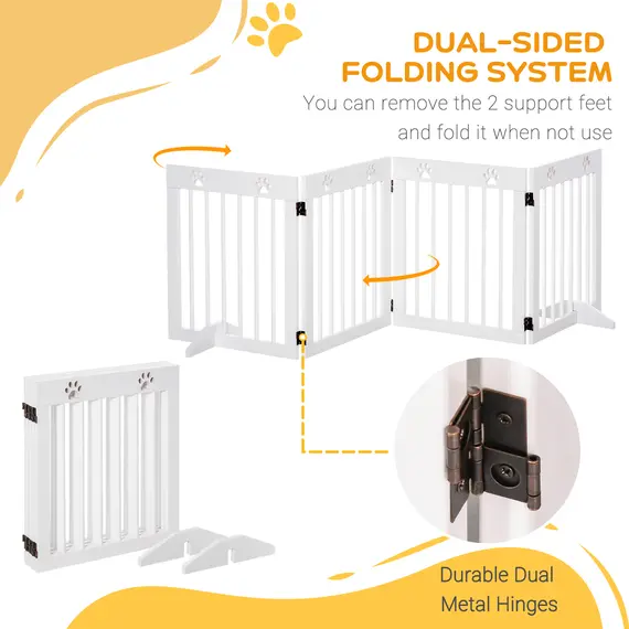 Buy Freestanding Pet Gate 4 Panel Wooden Dog Barrier Folding Safety Fence with Support Feet up to 204cm Long 61cm Tall for Doorway Stairs White, 4 image