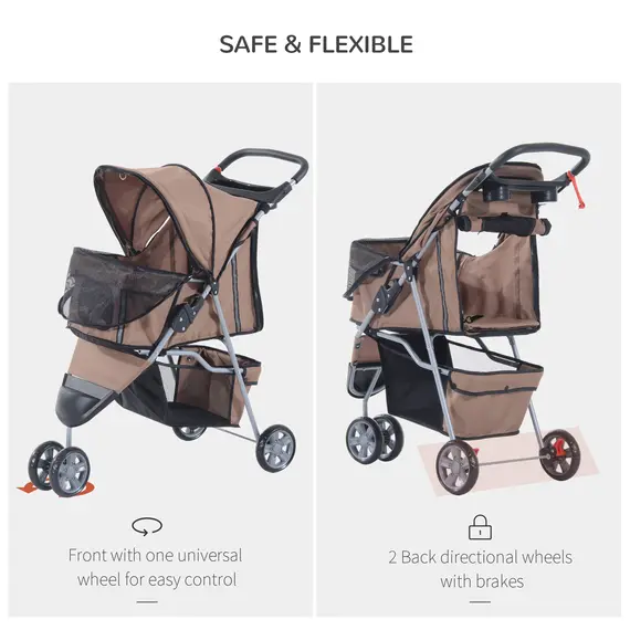 Buy Dog Stroller with Cover for Small Miniature Dogs, Folding Cat Pram Dog Pushchair with Cup Holder, Storage Basket, Reflective Strips, Brown, 6 image