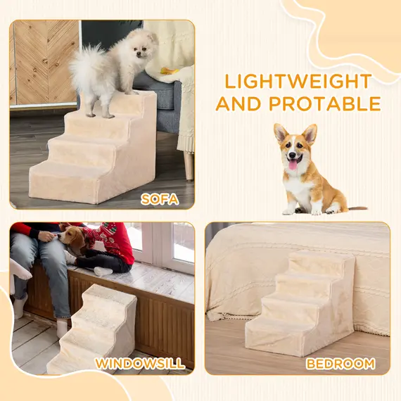 Buy Four-Step Dog Stairs, with Washable Plush Cover, for High Bed Sofa, Dog Stairs for Small Dog and Cat - Beige, 7 image