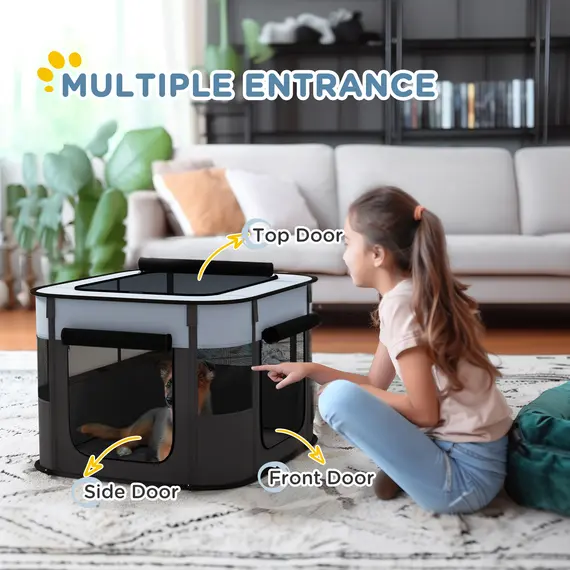 Buy Foldable Dog Pen with Storage Bag for Indoor/Outdoor Use, Portable Pet playpen, with Ground Stakes - Grey, 5 image