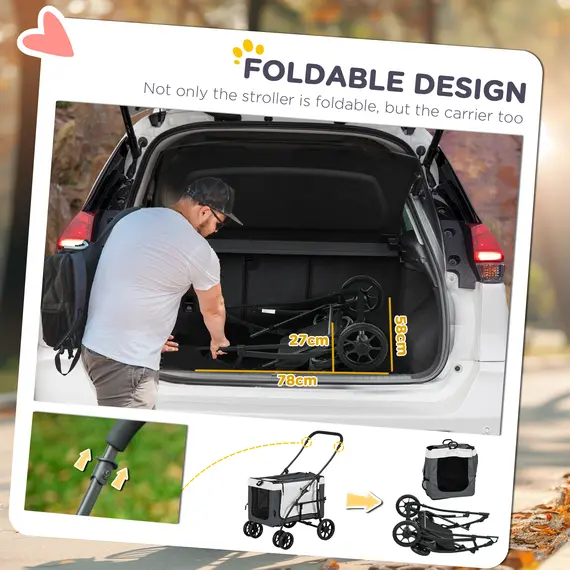 Buy Foldable Dog Stroller, Pet Travel Crate, with Detachable Carrier, Soft Padding, for Mini, Small Dogs - Grey, 6 image