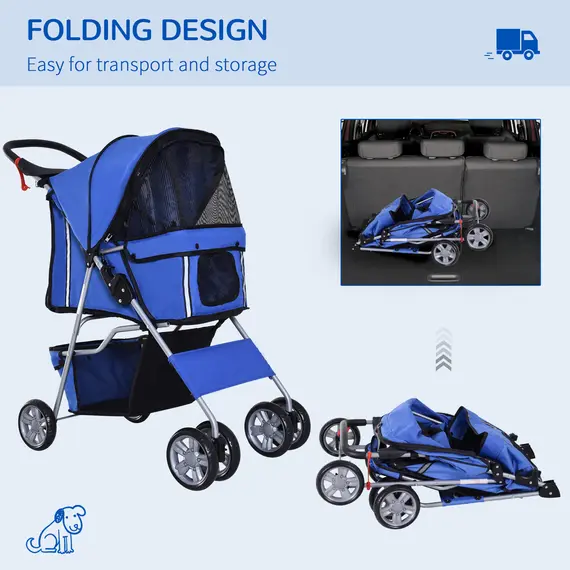 Buy Dog Stroller with Rain Cover for Small Miniature Dogs, Folding Pet Pram with Cup Holder, Storage Basket, Reflective Strips, Blue, 6 image