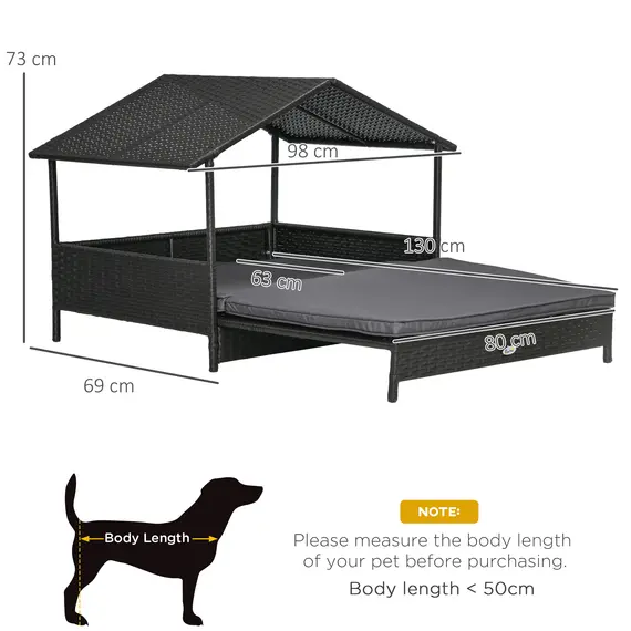 Buy Extendable Elevated Dog Bed, Rattan Dog House w/ Water-Resistant Roof, Removable Cushion - Grey, 3 image