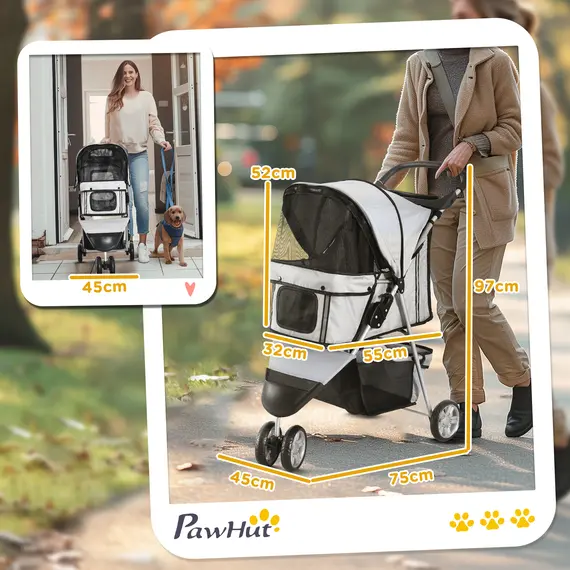 Buy Dog Stroller, 3 Wheels Foldable Cat Dog Pram with Cup Holder, Storage Basket, Pet Stroller for Small Miniature Dogs, Grey, 3 image