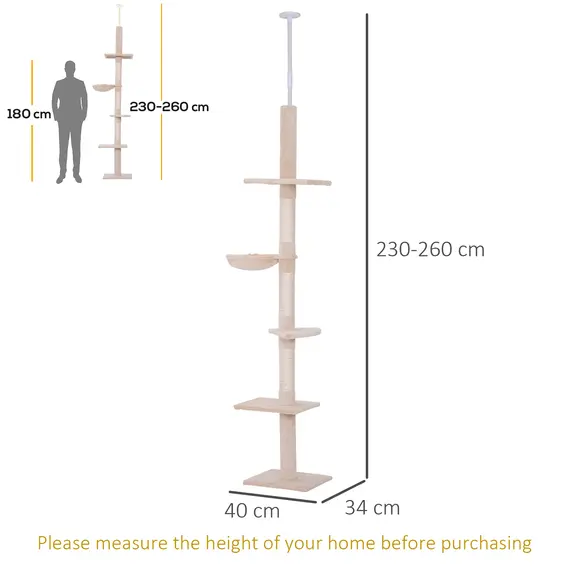 Buy Floor to Ceiling Cat Tree for Indoor Cats 5-Tier Kitty Tower Climbing Activity Center Scratching Post Adjustable Height 230-260 cm Beige, 3 image