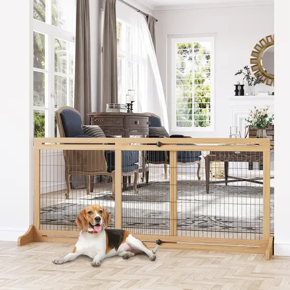 Buy Freestanding Dog Gate, Foldable Pet Fence, Indoor Wood Barrier, Stair Gate with Support Feet, for Doorway, Hallway, Small and Medium Dogs, 69H x 104-183 cm, Natural Wood Finish, 2 image