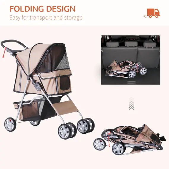 Buy Dog Stroller with Rain Cover for Small Miniature Dogs, Folding Pet Pram with Cup Holder, Storage Basket, Reflective Strips, Brown, 6 image